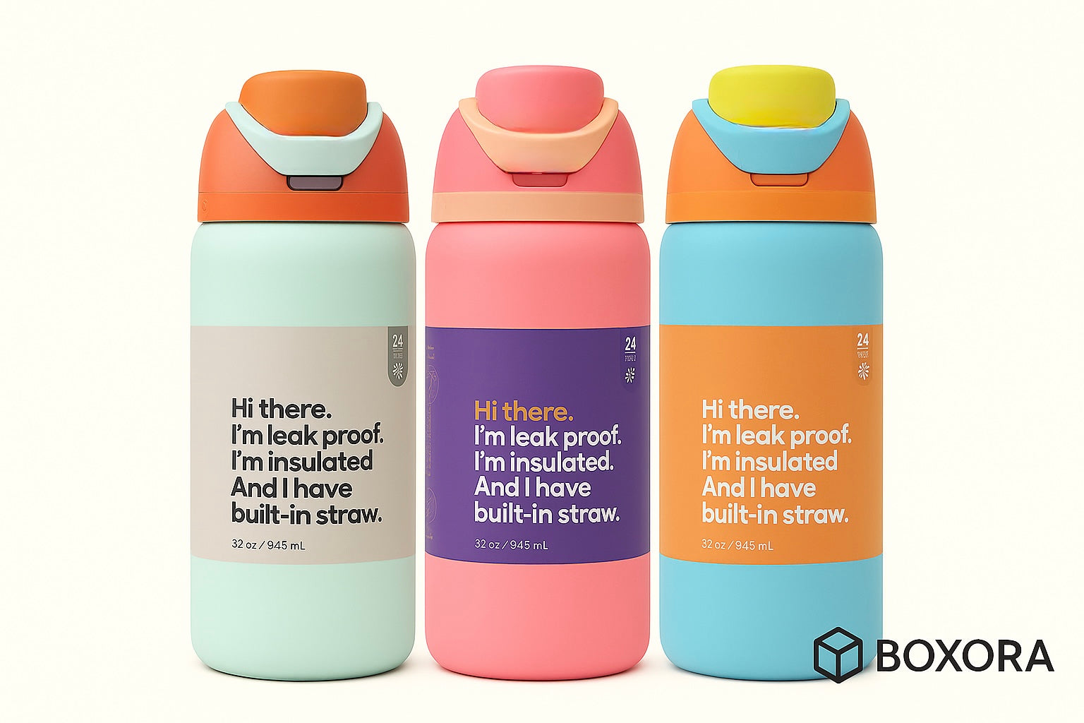 Boxora™ Insulated Stainless Steel Water Bottle with Built-In Straw (32oz / 945mL)